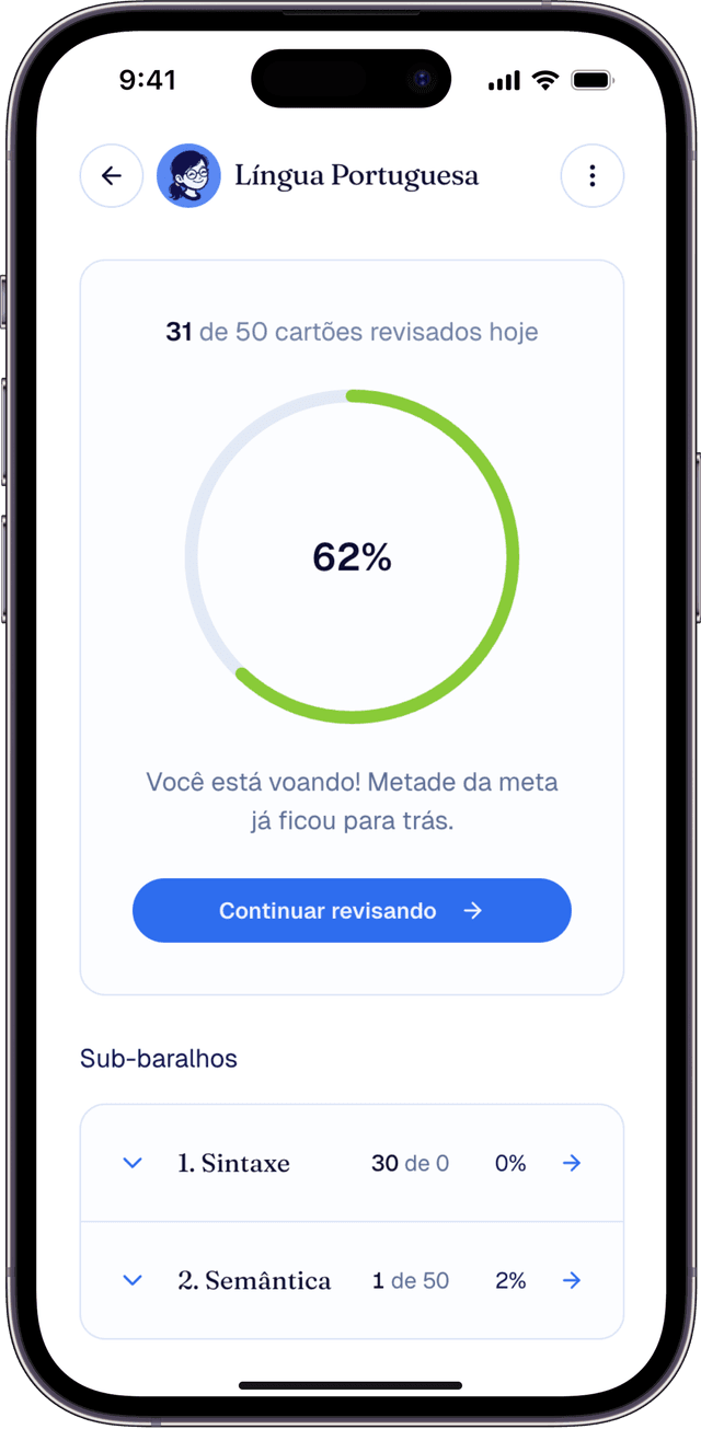 O app da Sophia em dois celulares: progresso do baralho e uma sessão de estudo.